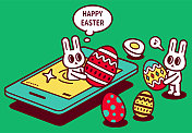 复活节问候与智能手机，快乐的复活节兔子出现在智能手机屏幕和发送复活节彩蛋