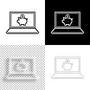 用笔记本电脑存比特币。图标设计。空白，白色和黑色背景-线图标