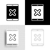 带有十字标记的平板电脑。图标设计。空白，白色和黑色背景-线图标