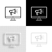 带扩音器的台式电脑。图标设计。空白，白色和黑色背景-线图标
