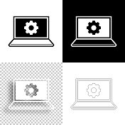 笔记本电脑设置-齿轮。图标设计。空白，白色和黑色背景-线图标