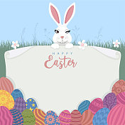 复活节卡片上有兔子和鸡蛋。