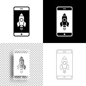 智能手机与火箭。图标设计。空白，白色和黑色背景-线图标