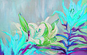 插画艺术作品油画油画风景盛开的白色百合花