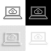 云下载到笔记本电脑。图标设计。空白，白色和黑色背景-线图标