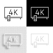 4 k电视。图标设计。空白，白色和黑色背景-线图标