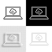 云端下载和上传笔记本电脑。图标设计。空白，白色和黑色背景-线图标