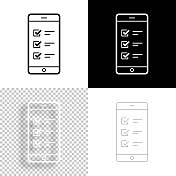 智能手机与清单。图标设计。空白，白色和黑色背景-线图标