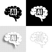 人类大脑与人工智能AI。图标设计。空白，白色和黑色背景-线图标