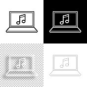 音乐上的笔记本电脑。图标设计。空白，白色和黑色背景-线图标