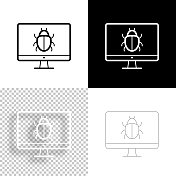 台式电脑有bug。图标设计。空白，白色和黑色背景-线图标