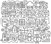区块链相关对象和元素。手绘矢量涂鸦插图集合。手绘图案设计