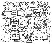 摄影相关的对象和元素。手绘矢量涂鸦插图集合。手绘图案设计
