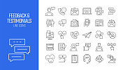 一组反馈和奖状相关的线图标。大纲符号集合 一组反馈和奖状相关的线图标。大纲符号集合