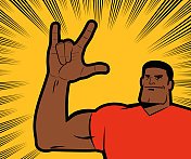 一个强壮的男人微笑着用美国手语(ASL)写着“我爱你”，背景是漫画效果的线条