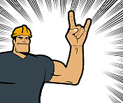 一个戴着安全帽的强壮的工人微笑着用手势示意摇滚手势(号角的手势)，背景是漫画效果的线条