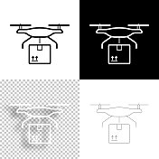 无人驾驶飞机交付。图标设计。空白，白色和黑色背景-线图标