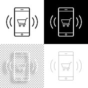 用智能手机在线购物。图标设计。空白，白色和黑色背景-线图标