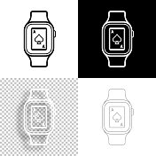 带扑克牌的智能手表。图标设计。空白，白色和黑色背景-线图标