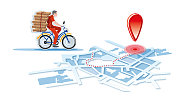 骑自行车送外卖的人在城市里送披萨，在地图上开车