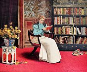 一个女人在图书馆看书，彩色插图，红地毯