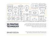 3D打印技术相关的矢量横幅设计概念，现代线条风格与图标