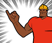 戴着安全帽的强壮的工人微笑着露出小指，意思是“小指发誓”或“小指承诺”，背景是漫画效果的台词