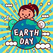 一个扎着马尾的可爱小女孩拥抱着地球和动物，庆祝地球日