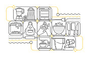 厨房线图标集和横幅设计