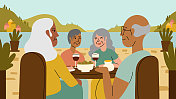 一群多种族的老年人朋友在度假时一起享受一顿饭