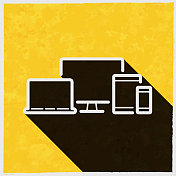 台式电脑、笔记本电脑、平板电脑、智能手机。图标与长阴影的纹理黄色背景