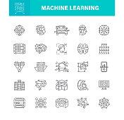 机器学习图标可编辑的笔画。包括人工智能、机器学习、大数据、网络技术等图标