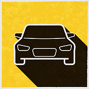 汽车前视图。图标与长阴影的纹理黄色背景 汽车前视图。图标与长阴影的纹理黄色背景