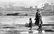 一位渔夫的妻子和她的两个孩子在海滩上渴望着她的丈夫