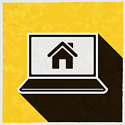 笔记本电脑与智能家居。图标与长阴影的纹理黄色背景