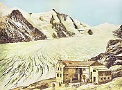 大?格洛克纳，奥地利，前景中的山小屋和冰川，彩色插图