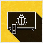 电视与错误。图标与长阴影的纹理黄色背景 电视与错误。图标与长阴影的纹理黄色背景