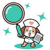 一个可爱的狗护士站在那里,手里拿着一个大放大镜和医疗记录 一个可爱的狗护士站在那里,手里拿着一个大放大镜和医疗记录