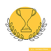 奖杯杯月桂花环-细线奖图标在彩色圆圈透明背景