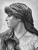 美女肖像带着长发和头巾，侧视，看向左边