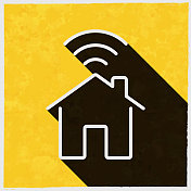 智能家居。图标与长阴影的纹理黄色背景 智能家居。图标与长阴影的纹理黄色背景