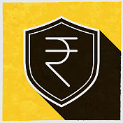 印度卢比的盾牌。图标与长阴影的纹理黄色背景