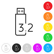USB 3.2闪存驱动器。彩色按钮上的图标 USB 3.2闪存驱动器。彩色按钮上的图标