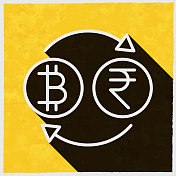 货币交换-比特币印度卢比。图标与长阴影的纹理黄色背景