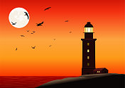 夜间海岸雄伟的灯塔