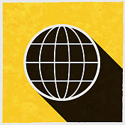 世界。图标与长阴影的纹理黄色背景