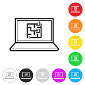 笔记本电脑迷宫。彩色按钮上的图标 笔记本电脑迷宫。彩色按钮上的图标