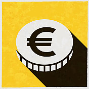 欧元硬币。图标与长阴影的纹理黄色背景