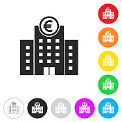有欧元标志的银行。彩色按钮上的图标