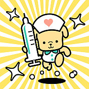 一个可爱的狗护士正拿着一个大注射器向镜头跑去 一个可爱的狗护士正拿着一个大注射器向镜头跑去